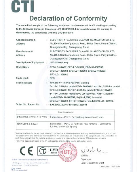 【业务发展】我司LED二代路灯获CE认证